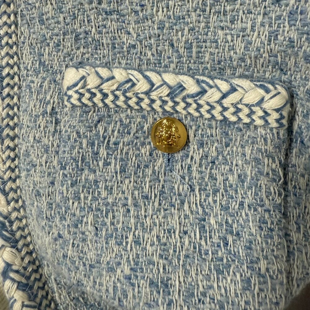 CELINE  baby blue white wool cotton boucle tweed trim jacket - Picture 7 of 9